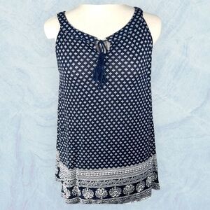 Lily Morgan boho tank top boat neck damask navy blue white tassels Size S